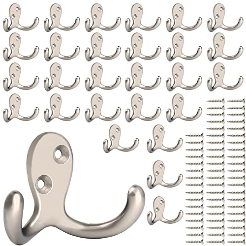 IBosins 28 Pack Heavy Double Prong Coat Hooks Wall Mounted with 56 Screws | Heavy Duty Retro Double Utility Hooks for Coat, Scarf, Bag, Towel, Key, Cap, Cup, Hat - color: 28 Pcs Silvery
