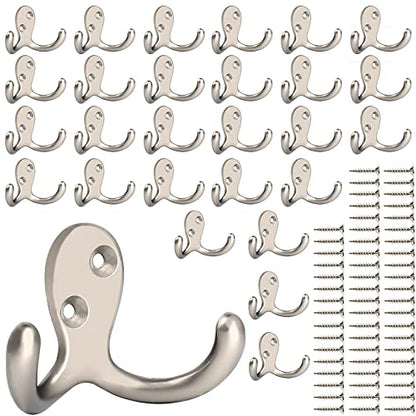 IBosins 28 Pack Heavy Double Prong Coat Hooks Wall Mounted with 56 Screws | Heavy Duty Retro Double Utility Hooks for Coat, Scarf, Bag, Towel, Key, Cap, Cup, Hat - color: 28 Pcs Silvery