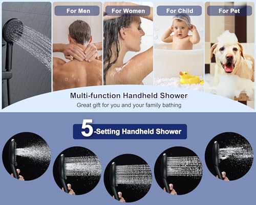 ROVATE Shower Panel Tower System with Shelf & 6 Body Jets, Matte Black | Stainless Steel Shower Column with Height Adjustable Shower Arm, Self-Cleaning Rainfall Shower & Handheld, Mixing Valve Body - color: Matte Black
