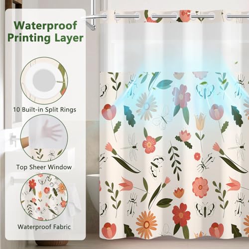 No Hook Shower Curtain with Liner, Floral Shower Curtain with Sheer Top Window and Weighted Hem, Summer Farmhouse Double Layers Waterproof Fabric Shower Curtains for Bathroom and Hotel, 71" W x 74" L - color: Lively Garden