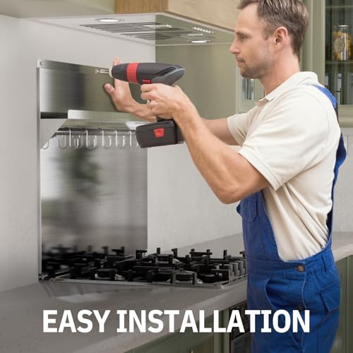 EKON Stainless Steel Backsplash 24 x 30 Inch Wall Shield for Kitchen Easy Clean And Installation with Built-in Storage Shelf and Hanging Rack