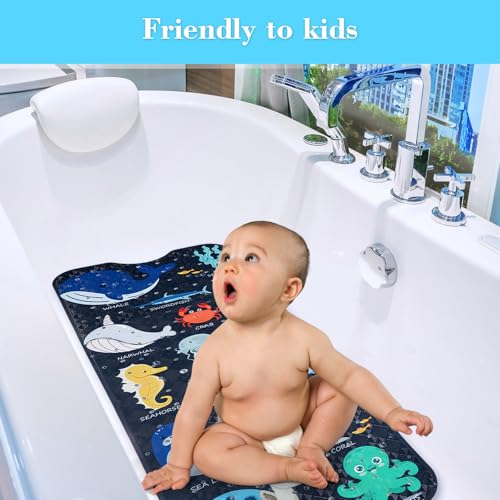 Secopad Bathtub Mat Non Slip, Cute Tub Mat, 40" x 16", Navy Sea Animals | Rectangular, Anti-Slip, Machine Washable, with Drain Holes and Suction Cups,For Bathtub and Shower Floor, for Toddler & Kids - color: Navy Sea Animals