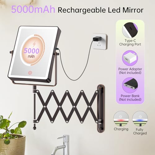 FASCINATE 8.7" 5000mAh Rechargeable Wall Mounted Makeup Mirror (Bronze) | Double Sided Touch Switch 1X 30X Magnifying Bathroom Mirror, 3 Color Lights Dimmable Extended Arm 360°Rotation - color: Bronze B