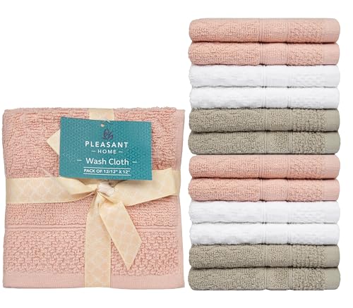 Pleasant Home Chevron Wash Cloths Set - 12 Pack (12” x 12”) – 509 GSM - 100% Ring Spun Cotton Wash Cloth - Super Soft and Highly Absorbent Face Towels (Blush, White & Tan) - color: Blush, White & Tan, style: Chevron