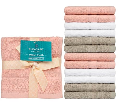 Pleasant Home Chevron Wash Cloths Set - 12 Pack (12” x 12”) – 509 GSM - 100% Ring Spun Cotton Wash Cloth - Super Soft and Highly Absorbent Face Towels (Blush, White & Tan) - color: Blush, White & Tan, style: Chevron