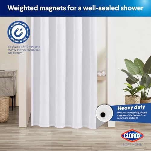 Clorox 2-in-1 Bathroom Shower Curtain Liner, Durable Fabric, Weighted Magnets for Bath Water Control, Washable Premium Quality, Extra Long Stall 78" x 54" White - color: White - Stall