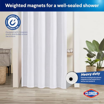 Clorox 2-in-1 Bathroom Shower Curtain Liner, Durable Fabric, Weighted Magnets for Bath Water Control, Washable Premium Quality, Extra Long Stall 78" x 54" White - color: White - Stall