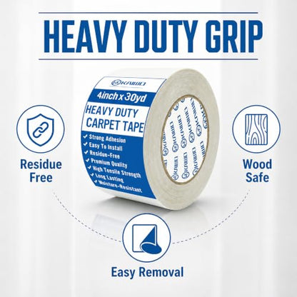 Heavy Duty Carpet Tape 4 Inch x 30 Yards, Extra Wide Double Sided Rug Gripper for Hardwood Floors, Strong Adhesive Non-Slip Tape for Area Rugs, Runners & Mats, High Tack & Durable Hold