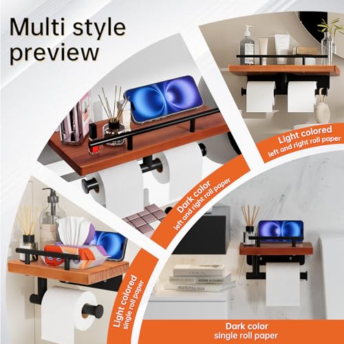 Toilet Paper Holder with Wood Shelf, Wall Mount Toilet Paper Roll Holder with Wooden Shelf and Matte Black Stainless Steel Pipe, Tissue Roll Holder for Bathroom Washroom (Light Brown, 13.8'' x 5.9'') - color: Light Brown, size: 13.8'' x 5.9''