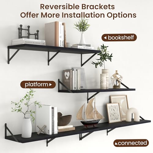 Deep Floating Shelves - 40 Inch Black Floating Shelves Set of 2-12 Inch Deep Wood Wall Shelves for Living Room Bathroom Kitchen - color: Black, size: 40W x 12D