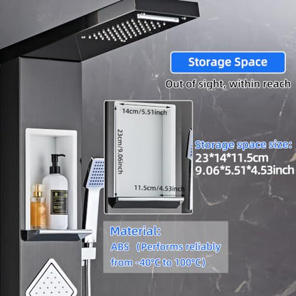 Shower Panel Tower System with Storage- Brushed Black | 304 Stainless Steel 5-Function Shower Panel Faucet Set with Powerful Body Jets, Rainfall, Waterfall,Handheld and Tub Spout - color: Brushed Black