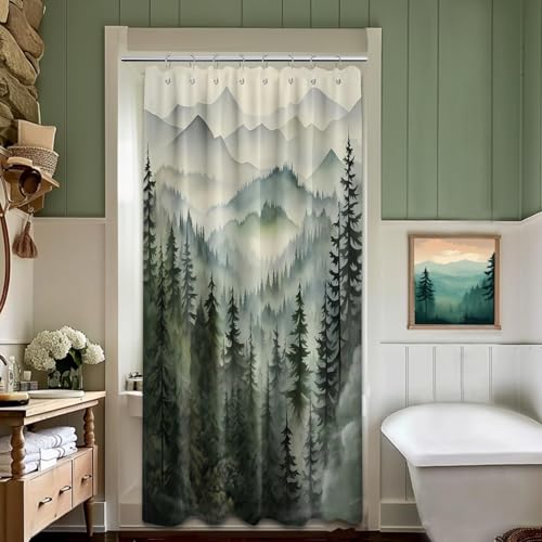 Mountain Shower Curtain Green Forest Nature Shower Curtains for Bathroom Rustic Woodland Pine Tree Landscape Bath Decor Sets, Waterproof Polyester Fabric with Hooks, 48x72in - color: Green, size: 48"W x 72"L (Pack of 1)