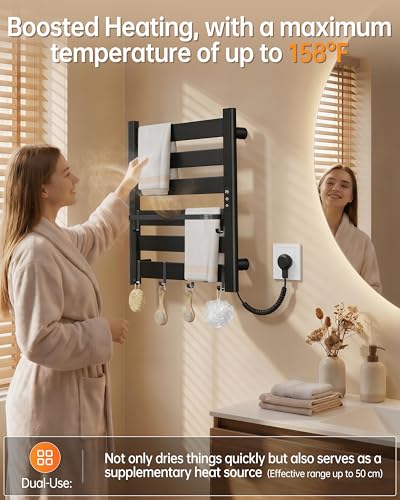Wall Mounted Heated Towel Rack, 6-Bar Towel Warmer for Bathroom | PTC Fast Heating Up to 170°F in 6 Minutes, Adjustable Temperature 110–170°F, 2–12H Timer, Space Aluminum, Matte Black - color: Black, size: PTC 6-Bars