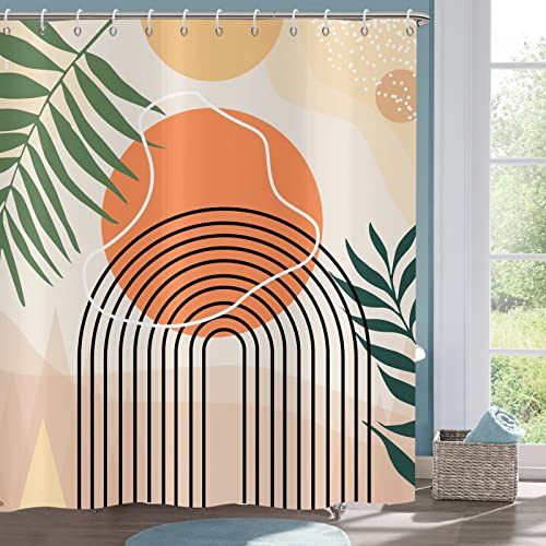 Boho Abstract Mid Century Shower Curtain Set - Geometric Leaves Neutral Modern - Green Plant Eucalyptus - Arch Sun Bathroom Curtain - 72x72 Inch - color: Boho Sun, size: 72"W x 72"L (Pack of 1)
