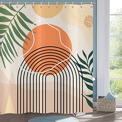 Boho Abstract Mid Century Shower Curtain Set - Geometric Leaves Neutral Modern - Green Plant Eucalyptus - Arch Sun Bathroom Curtain - 72x72 Inch - color: Boho Sun, size: 72"W x 72"L (Pack of 1)