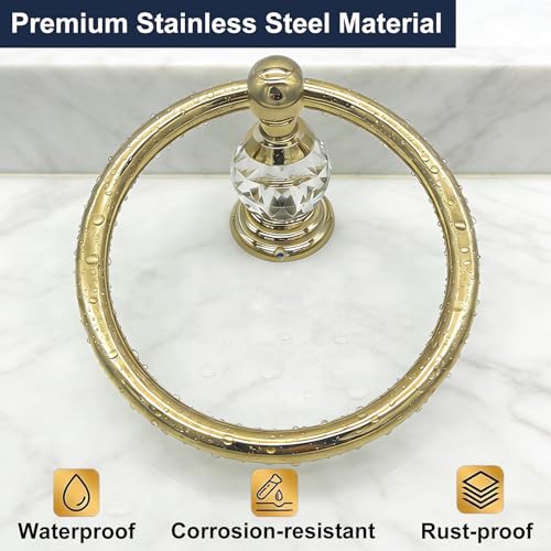 Gold Towel Ring with Crystal, Round Hand Towel Holder for Bathroom | Wall Mounted Stainless Steel Hand Towel Rack, Polished Gold Rustproof Bath Hardware, Fits Modern Luxury Home Kitchen Hotel - color: Gold Towel Ring