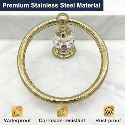 Gold Towel Ring with Crystal, Round Hand Towel Holder for Bathroom | Wall Mounted Stainless Steel Hand Towel Rack, Polished Gold Rustproof Bath Hardware, Fits Modern Luxury Home Kitchen Hotel - color: Gold Towel Ring