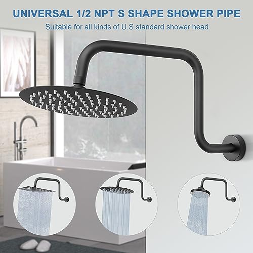 S Shaped Shower Arm, High Rise Shower Head Extension Pipe Standard 1/2" Connection with Flange, Awesome Shower Experience-Stainless Steel Bathroom Accessory(16 Inch Z-S Shape, Matte Black) - color: Matte Black, style: 16" Z Shape