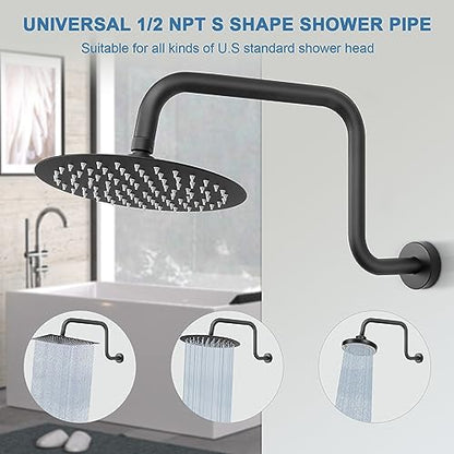 S Shaped Shower Arm, High Rise Shower Head Extension Pipe Standard 1/2" Connection with Flange, Awesome Shower Experience-Stainless Steel Bathroom Accessory(16 Inch Z-S Shape, Matte Black) - color: Matte Black, style: 16" Z Shape