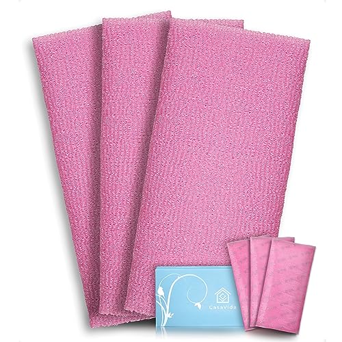 Exfoliating Washcloth Back Scrubber, 3 Pack, Pink | Japanese Beauty Washcloth, Back Scrubber for Daily Use, Textured Poly Nylon Body, Smoother-Looking Skin, Quick-Dry - style: Pink x 3
