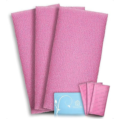 Exfoliating Washcloth Back Scrubber, 3 Pack, Pink | Japanese Beauty Washcloth, Back Scrubber for Daily Use, Textured Poly Nylon Body, Smoother-Looking Skin, Quick-Dry - style: Pink x 3