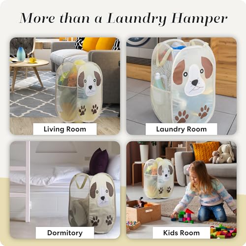 Pop Up Laundry Hamper, Cute Puppy 71L Collapsible Mesh Basket with Handles | Breathable Foldable Clothes Basket, Reinforced Handles, Side Pocket - for Dorm, Travel, Kids Room, Bedroom - Handy Laundry - color: Puppy