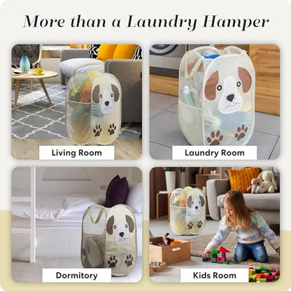 Pop Up Laundry Hamper, Cute Puppy 71L Collapsible Mesh Basket with Handles | Breathable Foldable Clothes Basket, Reinforced Handles, Side Pocket - for Dorm, Travel, Kids Room, Bedroom - Handy Laundry - color: Puppy