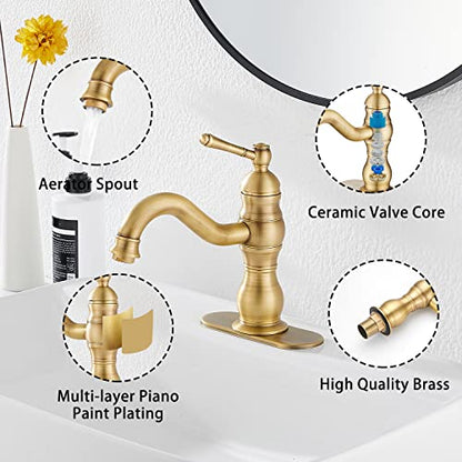 Antique Brass Bathroom Faucet GGStudy 360° Swivel Bathroom Vanity Faucet Single Handle One Hole Bathroom Sink Faucet Basin Matching Pop Up Drain with Overflow - color: Antique Brass, size: Short