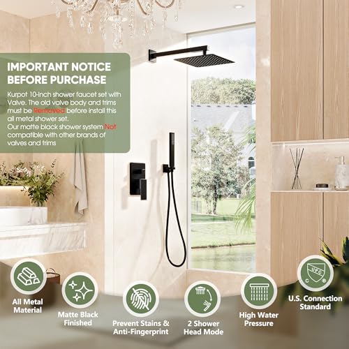 Kurpot Black Shower System, Wall Mounted Shower Faucet Set with Valve, 10-Inch Rainfall Shower Head with Handheld Combo Spray, 59'' Long Shower Hose and Shower Trim Kit, Matte Black - color: Matte Black