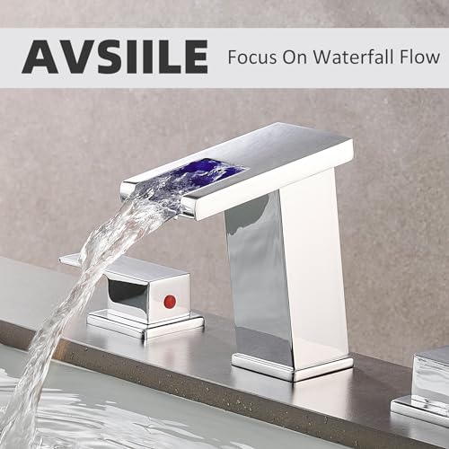 LED Bathroom Faucet 3 Hole, Chrome Waterfall Bathroom Faucets, 8 Inch Widespread Modern Bathroom Sink Faucet & Parts, Wide Spread Touch On Three Hole 2 Handle 3 Piece Bathroom Vanity Faucet - color: Chrome