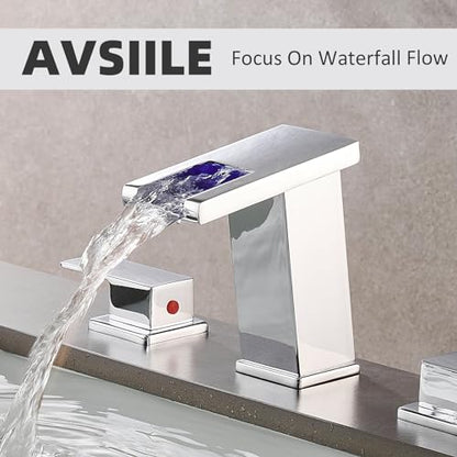 LED Bathroom Faucet 3 Hole, Chrome Waterfall Bathroom Faucets, 8 Inch Widespread Modern Bathroom Sink Faucet & Parts, Wide Spread Touch On Three Hole 2 Handle 3 Piece Bathroom Vanity Faucet - color: Chrome