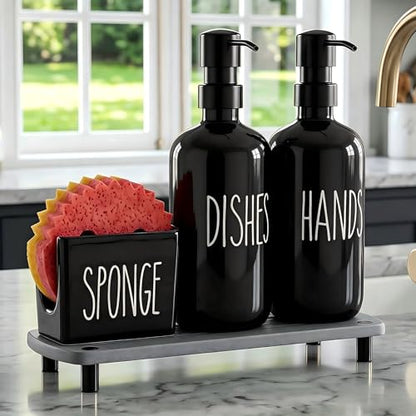 Cisily Black Soap Dispenser Set with Ceramics Sponge Holder, Kitchen Decor | Black Stainless Steel Pumps, Instant Dry Tray - color: Black Pump + Black Sponge Holder