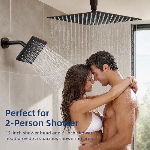 Thermostatic Dual Shower System, Oil Rubbed Bronze Shower Faucet | 12 Inch Ceiling Rainfall Shower, 6 Inch Wall Mount Head, High Pressure Handheld Sprayer, Push Button Valve - color: Oil Rubbed Bronze
