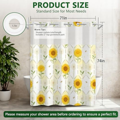 No Hook Shower Curtain with Snap in Liner, Floral Shower Curtain with Sheer Top Window and Weighted Hem, Sunflower and Dandelion Print Farmhouse Shower Curtains for Bathroom, 71" W x 74" L - color: Sunflower and Dandelion