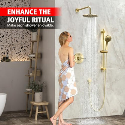 SUMERAIN Brushed Gold Shower System with Slide Bar | High Pressure Multi-modes Shower Head and Handheld, Rainfall Shower Faucet, Included Valve and Trim Kit - color: Brushed Gold