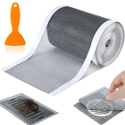 1 Pack 4 Inch x 33 ft Linear Shower Drain Hair Catcher Screen Disposable Adhesive Cutable Mesh Shower Drain Cover Stickers for Linear DIY Floor with Removal Tool for Bathroom Kitchen Bathtub