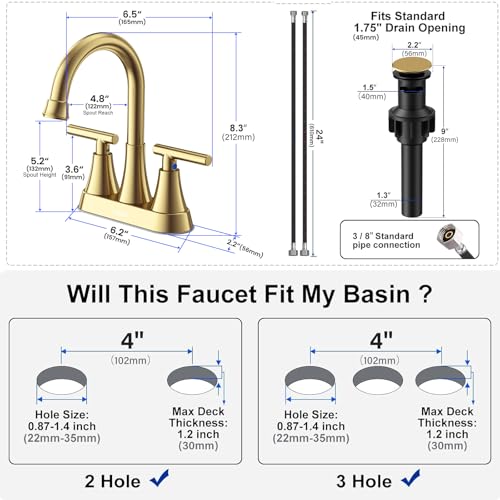 Brushed Gold Bathroom Faucets, Hurran 4 inch Centerset 2-Handle Lead-Free | Bathroom Sink Faucet with Pop-up Drain and Supply Lines, Stainless Steel Faucet for Vanity RV Restroom Laundry, 2 Pack - color: Brushed Gold X 2