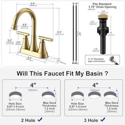 Brushed Gold Bathroom Faucets, Hurran 4 inch Centerset 2-Handle Lead-Free | Bathroom Sink Faucet with Pop-up Drain and Supply Lines, Stainless Steel Faucet for Vanity RV Restroom Laundry, 2 Pack - color: Brushed Gold X 2