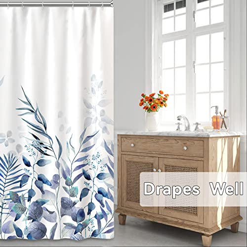 AWERT Shower Curtain Plants for Bathroom,Waterproof Quick-Drying Blue Leaves Shower Curtain Set with Hooks 48x72 Inch - color: Blue and Magenta, size: 48"W x 72"L (Pack of 1)