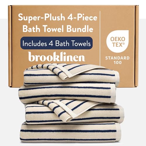 Brooklinen Super-Plush 100% Turkish Cotton Bath Towels - Set of 4-770 GSM, Highly Absorbent, Machine Washable, Perfect Bath Towel Set for Home & Bathroom (30" x 58",Striped Abyss)
