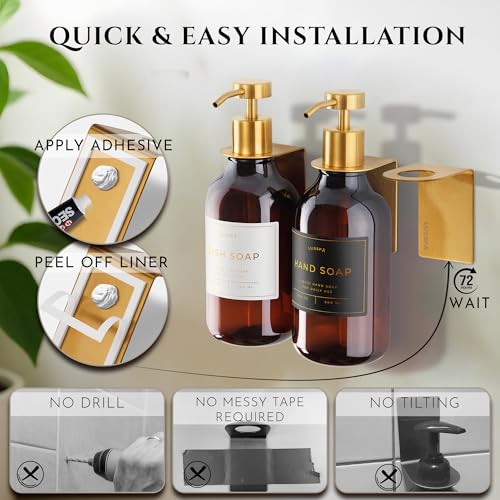 Shower Shampoo Dispenser Wall Mounted – 3 Refillable 16.9 oz Amber Bottles with Stainless Steel Pumps & No-Drill Adhesive Holders – Soap Dispenser Set for Bathroom (3 X Amber/Gold) - color: 3 X Amber/Gold