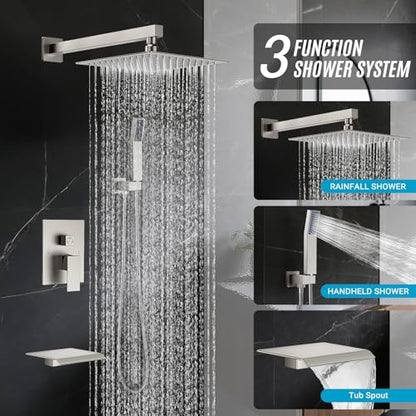 10" Rain Shower Faucet Set with Tub Spout, Brushed Nickel | Anti-scald cartridge, air tech boosts pressure 50%, 3-func diverter, NPT 1/2 - color: Brush Nickel, style: 10"-Wall Mount(With Tub Spout)