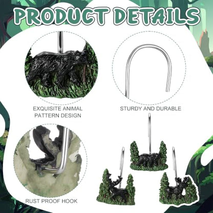 Roowest 12 Pcs Farmhouse Forest Shower Curtain Hooks Western Wildlife Bear Deer Moose Shower Curtain Hooks Stainless Steel Rust Resistant Rings Hangers for Farmhouse Cabin Winter Rustic Bathroom Decor - style: Forest
