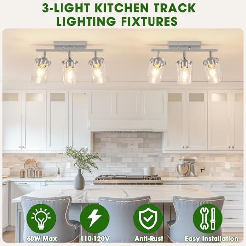 FadimiKoo 3-Lights Kitchen Light Fixtures Ceiling Mount, Brushed Nickel Adjustable Semi Flush Mount Ceiling Light with Clear Glass, Multi-Directional Track Spotlights for Kitchen Hallway Bathroom - color: Brushed Nickel, size: 3-Lights