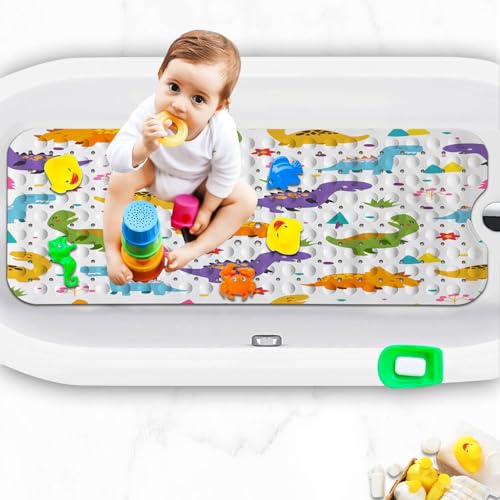 Bathtub Mats for Kids, Cartoon Dinosaur Bath Mat for Tub Non Slip, 40 X 16 Inch Large Washable Bathtub Mat Non Slip for Showers with Drain Holes and Suction Cups - color: Cartoon Dinosaur