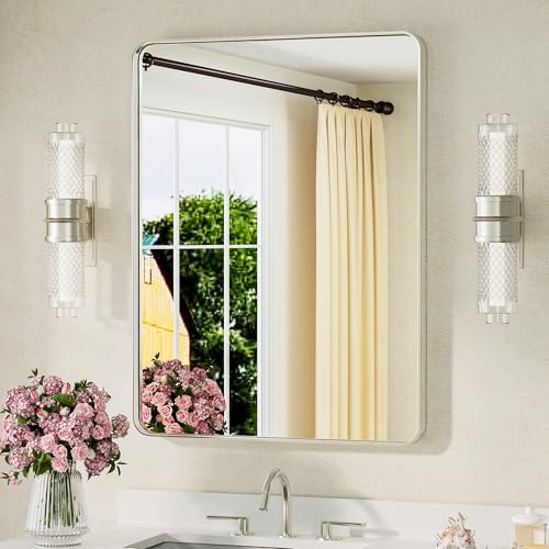 TETOTE Brushed Nickel Mirror 24 x 32 Inch Brushed Nickel Metal Framed Bathroom Mirror, Tempered Glass, Modern Farmhouse Wall Mounted Mirror for Decorative(Horizontal/Vertical) - color: Brushed Nickel, size: 32"L x 24"W