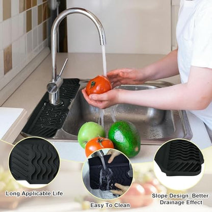Craftdady 17.5'' Faucet Mat for Kitchen Sink Silicone Sink Splash Guard | 5° Slope Fast Self-draining Black Kitchen Sink Faucet Mat Behind Faucet fit for Countertop Bathroom Farmhouse - color: Black