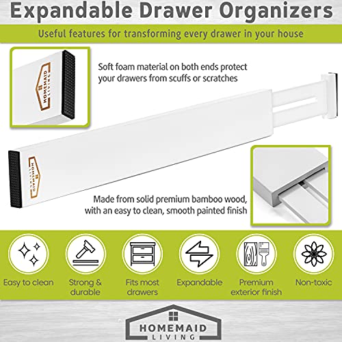 Bamboo Drawer Dividers, Adjustable & Expandable, 4 Pack, White, Kitchen, Bathroom & Office Drawer Organizer (4pk)