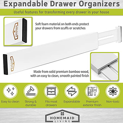 Bamboo Drawer Dividers, Adjustable & Expandable, 4 Pack, White, Kitchen, Bathroom & Office Drawer Organizer (4pk)