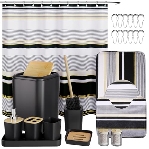 24PCS Bathroom Sets with Shower Curtain and Rugs,Black Bathroom Accessories Set Waterproof White and Gold Shower Curtain Set,Black and White Bathroom Accessories - size: Bath Set+Shower Curtain+Bath Rugs, style: Black8